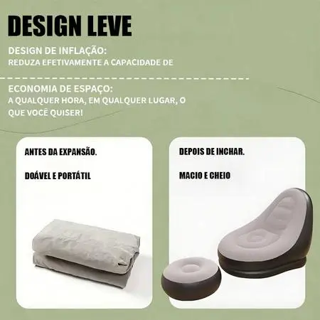 Sofá inflável dobrado antes de encher e cheio depois de inflar