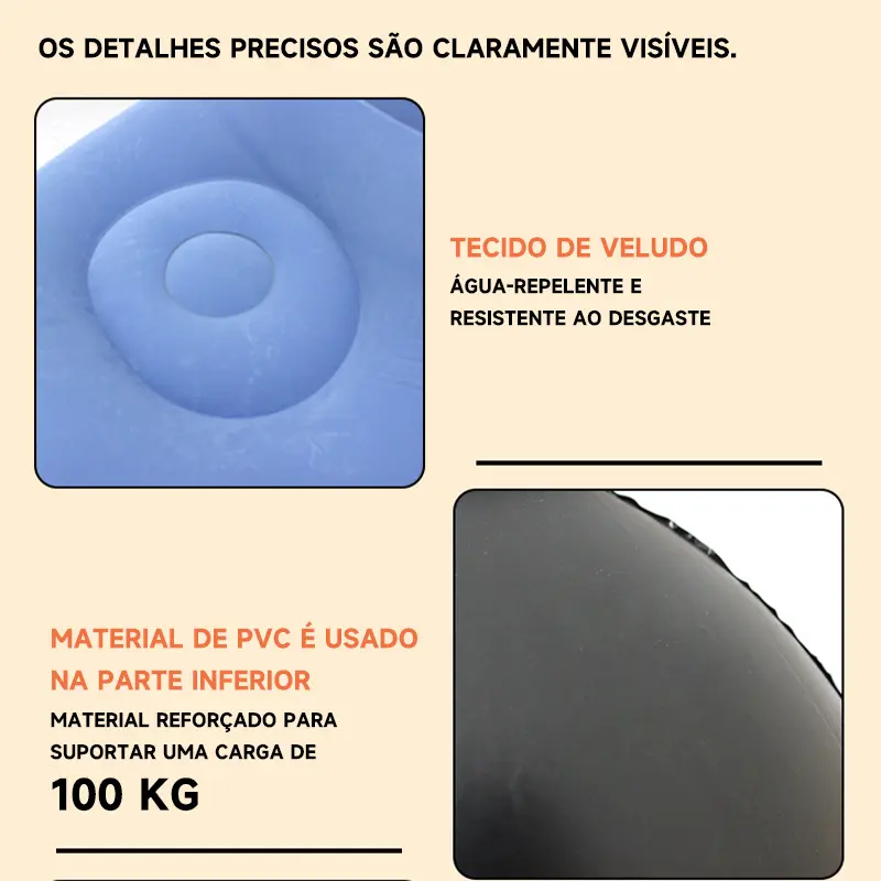 Detalhe do tecido de veludo e do PVC reforçado do sofá inflável
