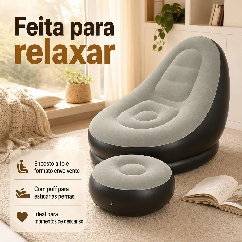Sofá inflável cinza com puff, poltrona com encosto alto — feita para relaxar