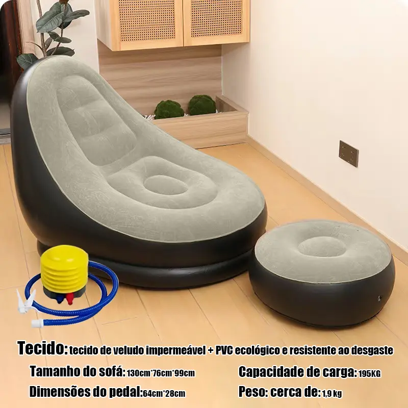 Sofá inflável cinza com puff e bomba de ar, conjunto completo