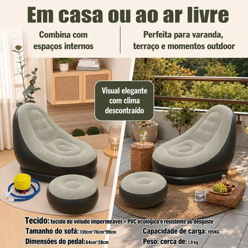 Sofá inflável cinza com puff em ambiente interno e externo