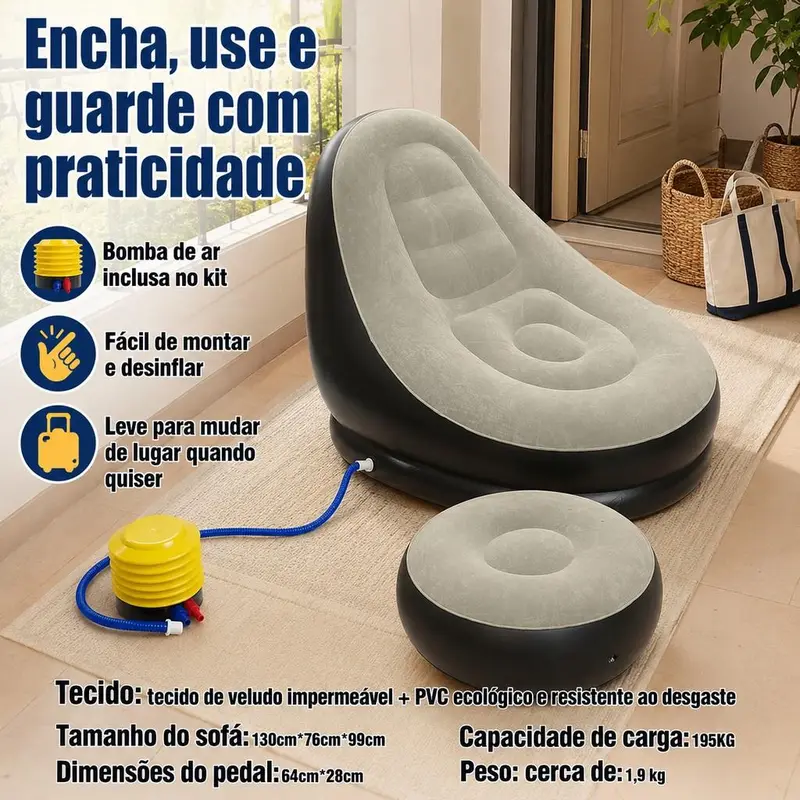 Sofá inflável cinza com puff em uso na entrada de casa